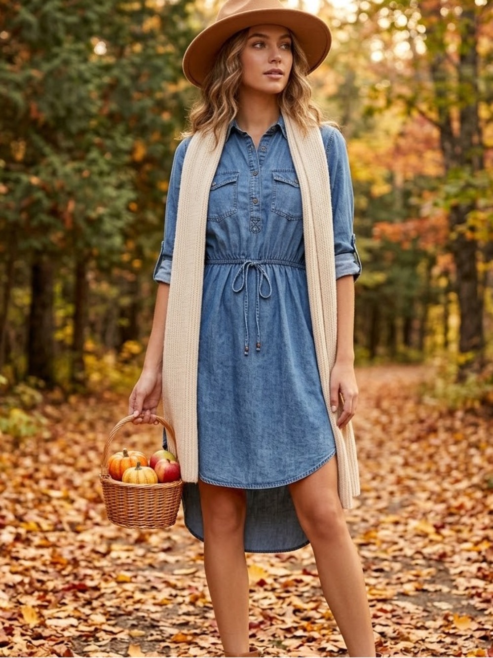 Washed Blue Denim cotton High-Low Shirt Dress with Drawstring Waist